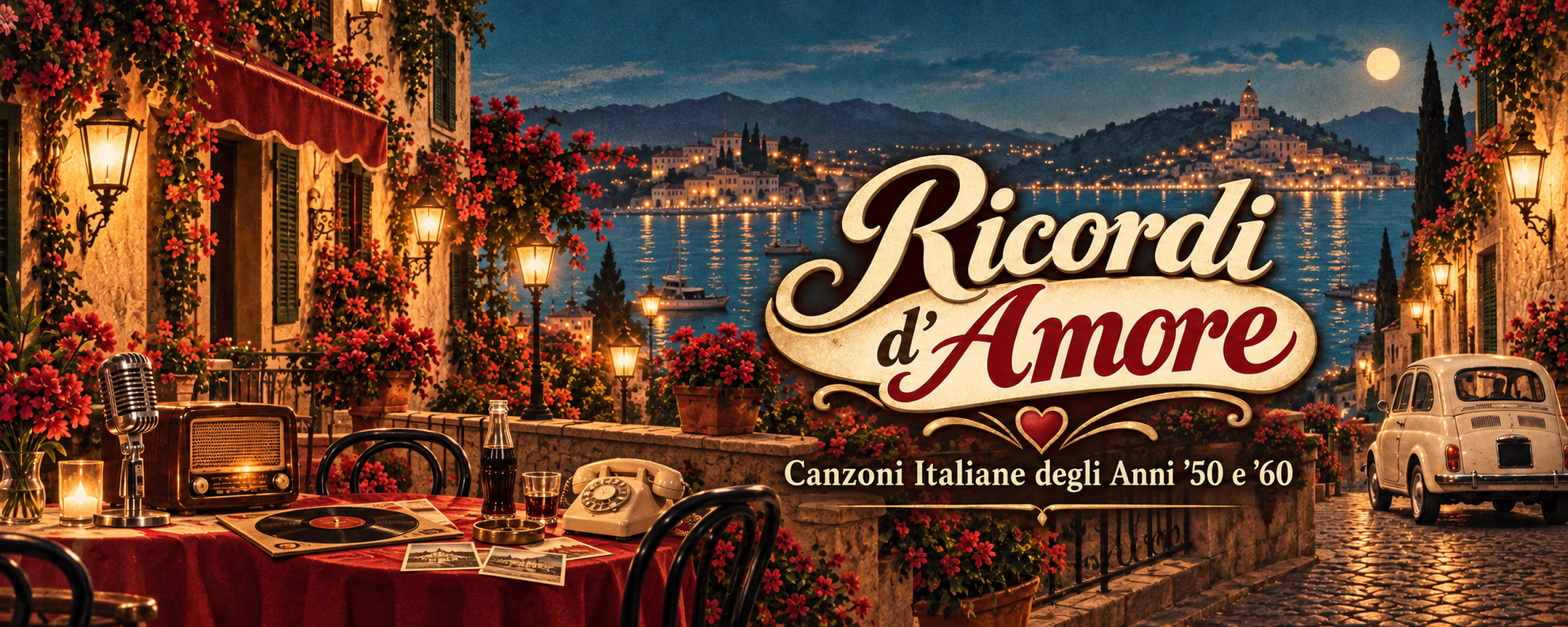 Ricordi d’Amore: una terrazza italiana al chiaro di luna, con fiori, un giradischi e luci dorate in riva al lago