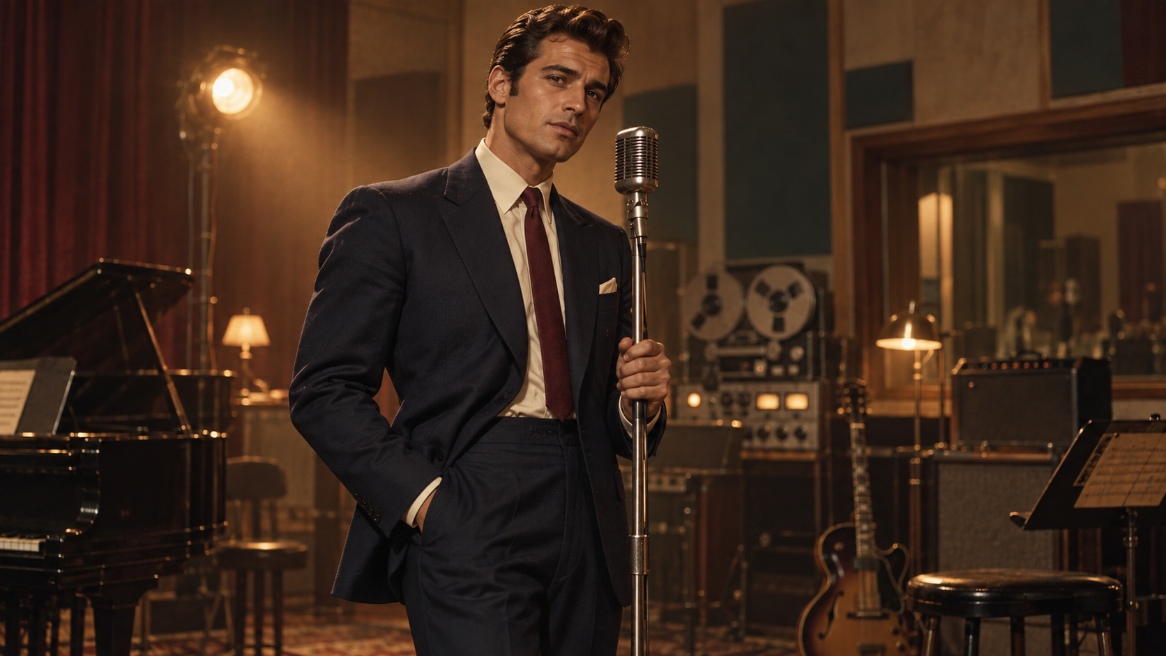 Cantante in abito scuro con un microfono vintage in studio